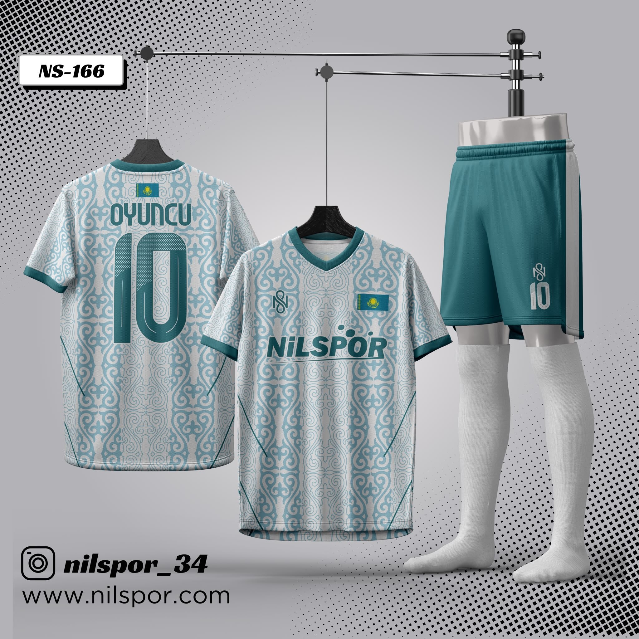 Kazakistan desenli turkuaz beyaz futbol forması ve şort takımı – forma tasarla