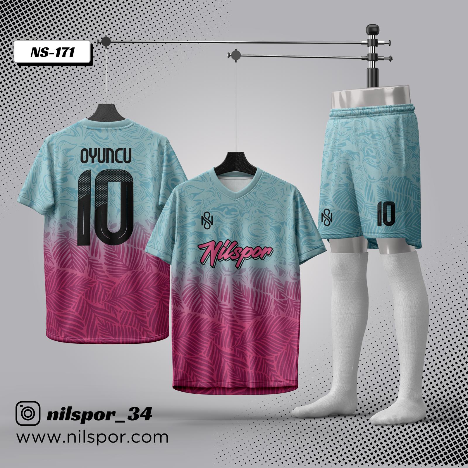 Turkuaz pembe yaprak desenli futbol forması, şort ve çorap takımı