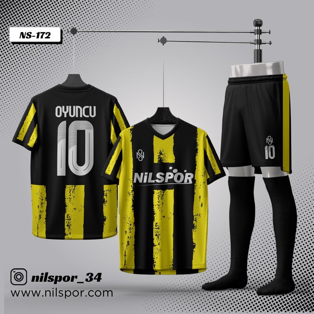 Siyah sarı fırça desenli futbol forması, şort ve çorap takımı