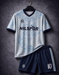 Beyaz ve açık mavi desenli futbol forması ve lacivert şort takım modeli