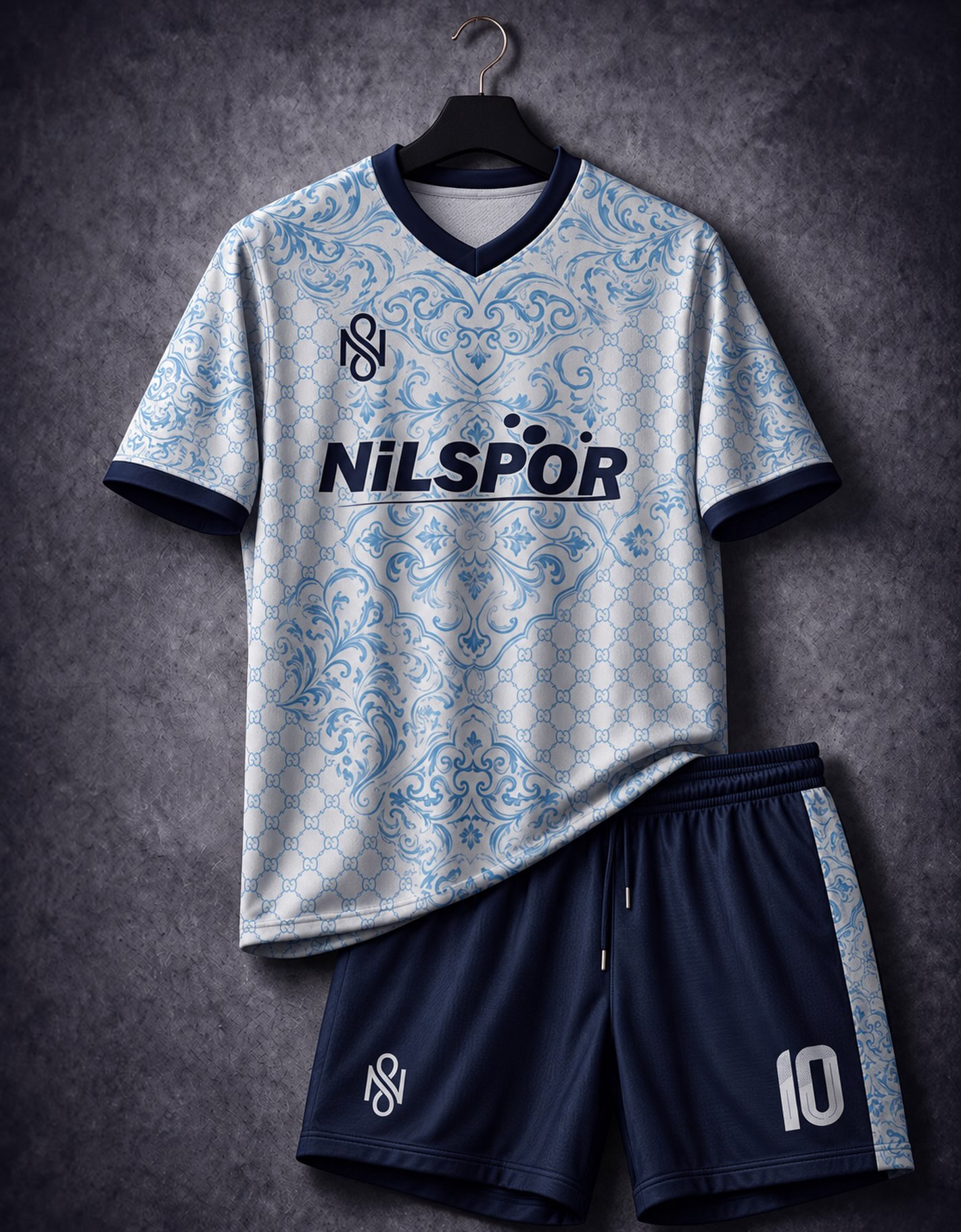 Beyaz ve açık mavi desenli futbol forması ve lacivert şort takım modeli