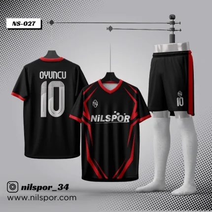 Siyah kırmızı özel tasarım futbol forması yaptırma hizmeti Nilspor