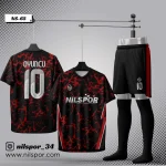 siyah kırmızı parçalanmış desenli futbol forması, agresif tasarımlı özel forma yaptırma, dijital baskılı kırmızı dokulu takım forması siparişi, modern dinamik halı saha forma seti üretimi.