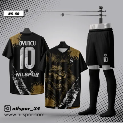 siyah gold aslan desenli futbol forması yaptırma modeli