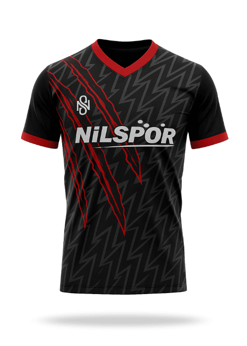 Siyah kırmızı Arsenal tarzı özel tasarım futbol forması Nilspor marka modern takım forması