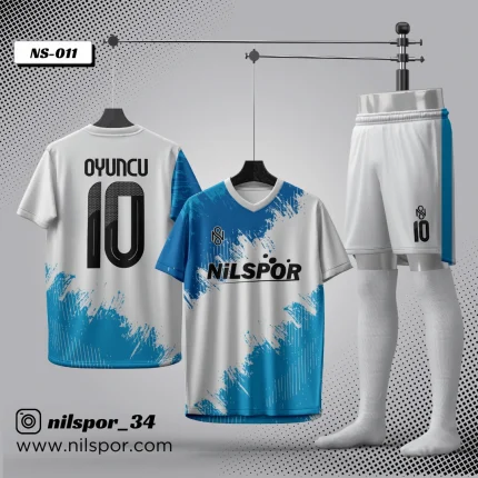 Mavi beyaz özel tasarım futbol forması yaptırma hizmeti Nilspor