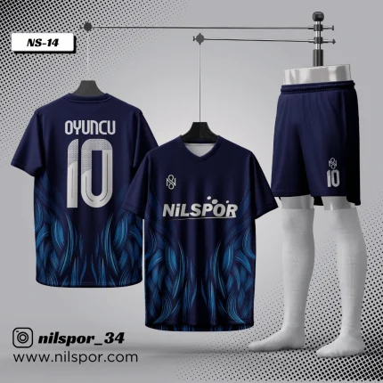 Lacivert mavi alev desenli futbol forması yaptırma hizmeti Nilspor