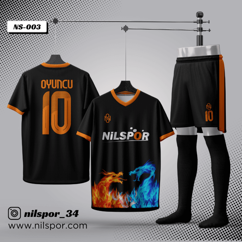 Ateş ve buz desenli siyah turuncu futbol forması yaptırma hizmeti Nilspor