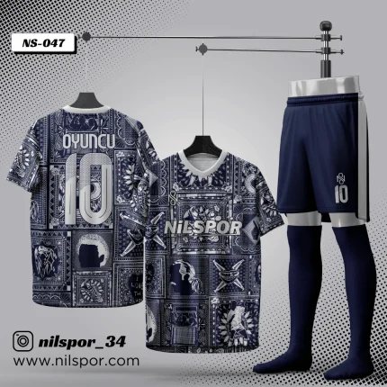 Etnik desenli lacivert futbol forması yaptırma hizmeti Nilspor