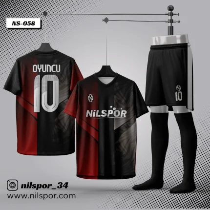 Ücretsiz tasarım destekli özel tasarım siyah kırmızı futbol forması yaptırma modeli