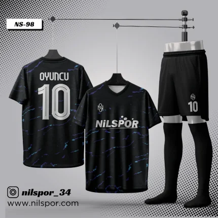 Nilspor NS-98 Arsenal tarzı siyah mavi desenli futbol forması yaptırma modeli