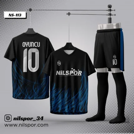 forma yaptırma siyah mavi alev desenli futbol forması nilspor