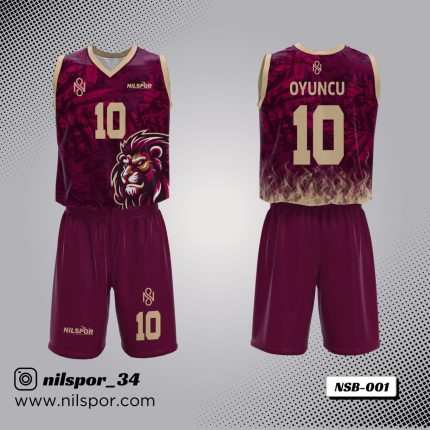 bordo aslan desenli basketbol forması, alev motifli özel tasarım basketbol forması yaptırma, dijital baskılı krallık temalı kulüp forması siparişi