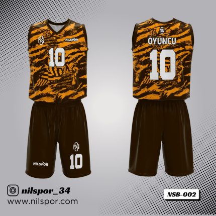 turuncu siyah kaplan desenli basketbol forması, fırça darbesi efektli özel tasarım basketbol forması yaptırma, dijital baskılı vahşi desenli takım forması siparişi