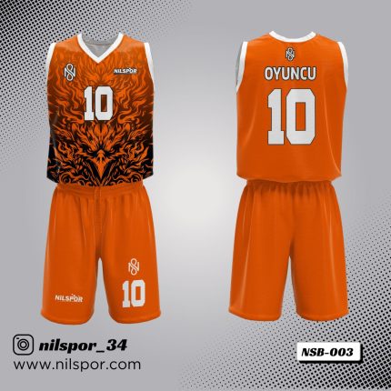 turuncu siyah anka kuşu desenli basketbol forması, kartal figürlü alevli özel tasarım basketbol forması yaptırma, dijital baskılı turuncu kulüp forması siparişi