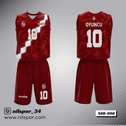 bordo beyaz şeritli basketbol forması, zigzag desenli özel tasarım basketbol forması yaptırma, dijital baskılı dalgalı dokulu kulüp forması siparişi