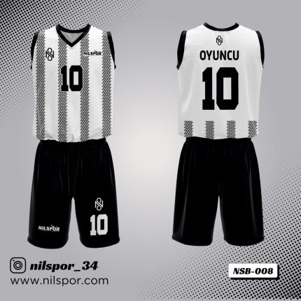 siyah beyaz dijital çubuklu basketbol forması, üçgen dokulu şeritli özel tasarım basketbol forması yaptırma, dijital baskılı modern çubuklu takım forması siparişi.