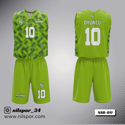 yeşil piksel desenli basketbol forması, geometrik kare motifli özel tasarım basketbol forması yaptırma, dijital mozaik baskılı takım forması siparişi, lime yeşili modern basketbol forması.