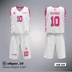 beyaz pembe yan panel desenli basketbol forması, geometrik hatlı özel tasarım basketbol forması yaptırma, dijital baskılı minimalist kulüp forması siparişi, kadın ve erkek basketbol takımı forma tasarımı.