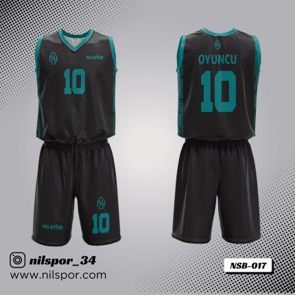 siyah turkuaz dijital yan panel desenli basketbol forması, teknolojik motifli özel tasarım basketbol forması yaptırma, dijital baskılı modern kulüp forması siparişi, antrasit turkuaz basketbol takım forması tasarımı.