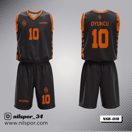siyah turuncu yan panel desenli basketbol forması, geometrik detaylı özel tasarım basketbol forması yaptırma, dijital baskılı siyah turuncu takım forması siparişi, modern basketbol forması tasarımı.