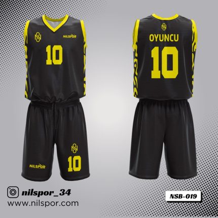 siyah sarı yan panel desenli basketbol forması, alev motifli özel tasarım basketbol forması yaptırma, dijital baskılı neon sarı detaylı takım forması siparişi, modern antrasit basketbol forması üretimi.