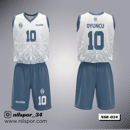 beyaz antrasit etnik desenli basketbol forması, geleneksel motifli özel tasarım basketbol forması yaptırma, dijital baskılı kültürel desenli takım forması siparişi