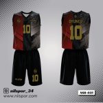 siyah kırmızı asimetrik desenli basketbol forması, alev figürlü özel tasarım basketbol forması yaptırma, dijital baskılı altın sarısı numaralı kulüp forması siparişi