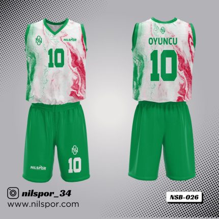 yeşil pembe mermer desenli basketbol forması, ebru efekti grafikli özel tasarım basketbol forması yaptırma, dijital baskılı akışkan desenli takım forması siparişi.