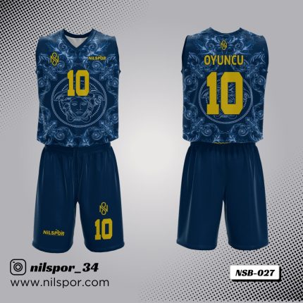 parlament mavisi siyah hız efektli basketbol forması, v-şerit desenli özel tasarım basketbol forması yaptırma, dijital baskılı modern kulüp forması siparişi.