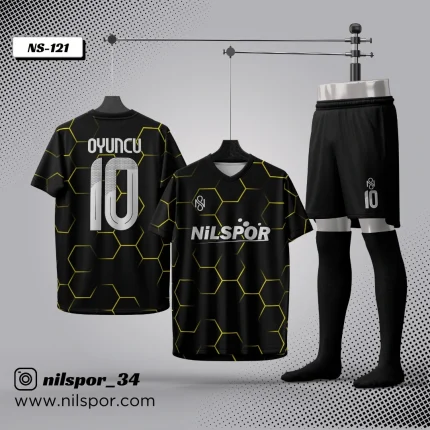 forma yaptırma siyah sarı geometrik desenli futbol forması nilspor