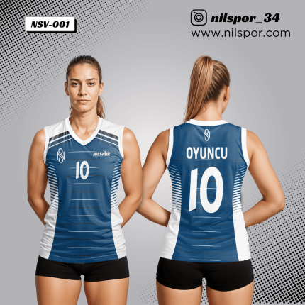 parlament mavisi beyaz yatay çizgili voleybol forması, yan panel geçişli özel tasarım takım forması yaptırma, dijital baskılı voleybol kulüp forması