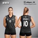 siyah labirent desenli voleybol forması, antik yunan anahtarı motifli özel tasarım takım forması yaptırma, dijital baskılı antrasit kulüp forması siparişi