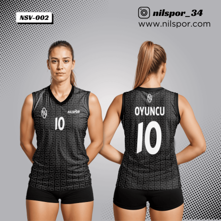 siyah labirent desenli voleybol forması, antik yunan anahtarı motifli özel tasarım takım forması yaptırma, dijital baskılı antrasit kulüp forması siparişi