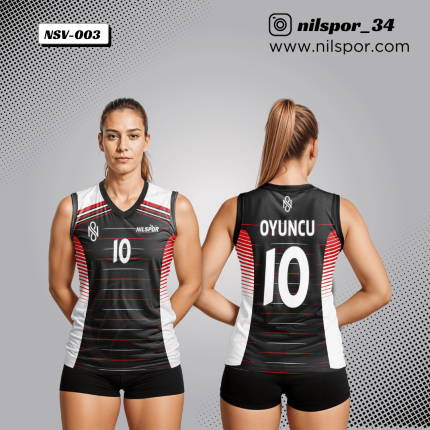siyah kırmızı beyaz yatay çizgili voleybol forması, lineer desenli özel tasarım takım forması yaptırma, dijital baskılı profesyonel kulüp forması