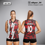 kırmızı siyah beyaz parçalanmış efektli voleybol forması, grunge desenli özel tasarım takım forması yaptırma, dijital baskılı modern kulüp forması