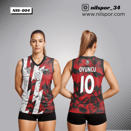 kırmızı siyah beyaz parçalanmış efektli voleybol forması, grunge desenli özel tasarım takım forması yaptırma, dijital baskılı modern kulüp forması