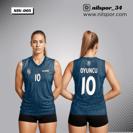 lacivert zikzak gölge desenli voleybol forması, chevron dokulu özel tasarım takım forması yaptırma, dijital baskılı kulüp forması siparişi