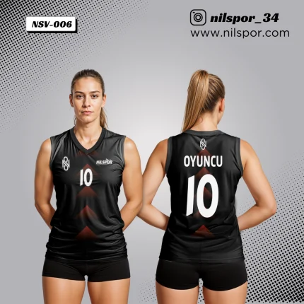 siyah kırmızı ok desenli voleybol forması, degrade üçgen geçişli özel tasarım takım forması yaptırma, dijital baskılı profesyonel kulüp forması