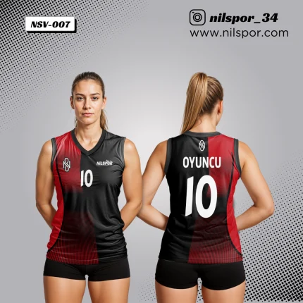 kırmızı siyah asimetrik blok desenli voleybol forması, çizgisel dokulu özel tasarım takım forması yaptırma, dijital baskılı profesyonel maç forması
