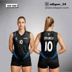 siyah mavi kavisli şeritli voleybol forması, yan panel detaylı özel tasarım takım forması yaptırma, dijital baskılı kulüp forması siparişi