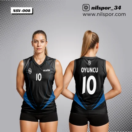 siyah mavi kavisli şeritli voleybol forması, yan panel detaylı özel tasarım takım forması yaptırma, dijital baskılı kulüp forması siparişi