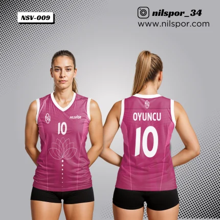 fuşya pembe lotus çiçeği desenli voleybol forması, özel tasarım nilüfer figürlü takım forması yaptırma, dijital baskılı kulüp forması tasarımı