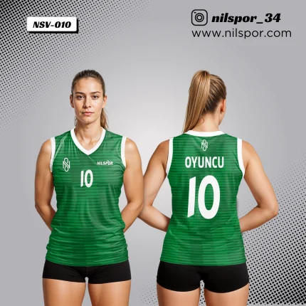 Yeşil beyaz yatay çizgili voleybol forması, özel tasarım takım forması yaptırma, dijital baskılı profesyonel sporcu forması.