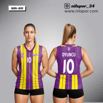 Mor sarı dikey çizgili voleybol forması, kişiselleştirilebilir oyuncu adı ve numara baskılı, okul takımı ve kulüp siparişleri için ideal profesyonel maç forması.