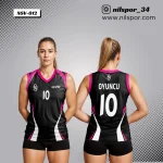 Dinamik kavisli çizgili siyah pembe voleybol forması, kişiselleştirilebilir