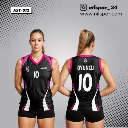 Dinamik kavisli çizgili siyah pembe voleybol forması, kişiselleştirilebilir