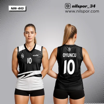 Keskin hatlı asimetrik desenli voleybol forması, siyah gri renkli özel üretim profesyonel takım forması.