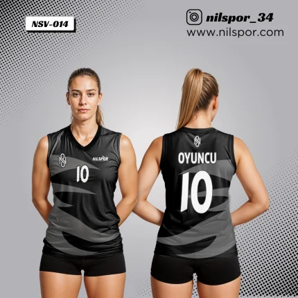 Şık siyah geometrik desenli voleybol forması, profesyonel takım forması tasarımı