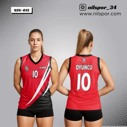 ırmızı siyah yan panel detaylı voleybol forması, özel tasarım takım forması yaptırma, dijital baskılı voleybol maç forması tasarımı